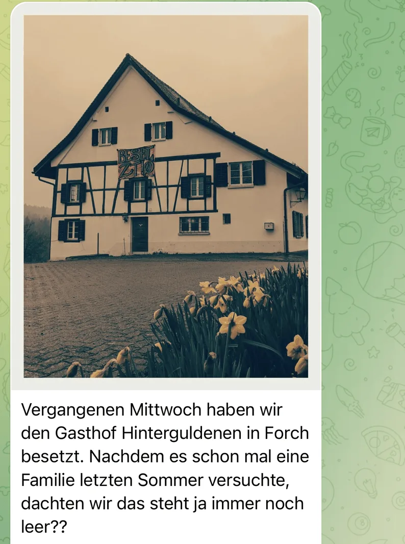 In einem Telegram-Kanal teilten die Hausbesetzer mit, dass sie den Gasthof besetzt haben. Ein Screenshot von Telegram, der ein Haus zeigt.